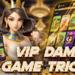 A confident woman in a white and gold outfit with a blue crown holds a smartphone showing the Daman game app interface. Gold coins and a large phone screen with colorful game icons appear in the background. Bold text reads, "VIP Daman Game Tricks."