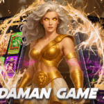 A fierce-looking woman in gold armor with glowing eyes stands powerfully between two large smartphones displaying the Daman game app interface. Energy sparks and golden confetti surround her. Bold text at the bottom reads, "VIP Daman Game App."