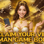 A smiling woman dressed in a glamorous gold and white outfit holds a smartphone while surrounded by golden confetti and ribbons. Bold text at the bottom reads, "Claim Your VIP Daman Game Bonus."