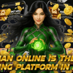 A fantasy-themed woman in a green futuristic suit holding a glowing green orb stands in front of a mobile betting interface featuring the Daman online platform. Gold coins, dice, and betting icons surround her, with bold text reading “Daman Online Is the #1 Betting Platform in India.”