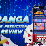 Colorful promotional image featuring the Tiranga Number Prediction App. The visual showcases a smartphone displaying the app interface with various game icons like Lottery, Casino, and Slots. Surrounded by poker chips, playing cards, coins, a roulette wheel, and a slot machine showing 777, all set against a celebratory blue curtain background with confetti.