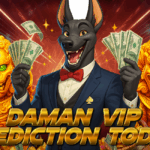 Cartoon illustration of a stylish anthropomorphic dog in a suit holding bundles of cash, flanked by two golden lion statues and piles of treasure, with the bold text "Daman VIP Prediction Today" in the foreground.