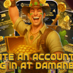 Illustration of a cheerful explorer holding a treasure chest full of gold coins, standing in front of mobile screens showing the Damanbet login and bonus page. Gold coins are floating around, and bold text reads “Create an Account and Log In at Damanbet.”