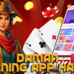 A confident woman in explorer-style clothing holds a smartphone, standing next to playing cards, casino chips, a roulette wheel, and a mobile screen showing the Daman app interface. Bold gold text reads "Daman Earning App Hacks."