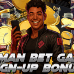 Illustration of a smiling man holding a smartphone in a vibrant casino setting, surrounded by flying money and golden coins. Behind him is the Daman Bet interface and slot machines. Bold text reads “Daman Bet Game Sign-Up Bonus.”